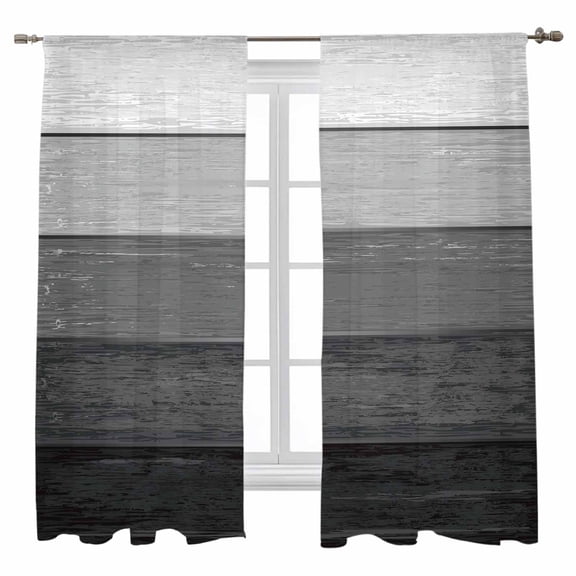 Sheer Curtains 63 inches Long, Dark Grey Striped Gradient Rustic Wood Board Light Filtering Sheer Window Curtains Rod Pocket Voile Drapes for Bedroom Living Room, 52"W x 63"L 2 Panels