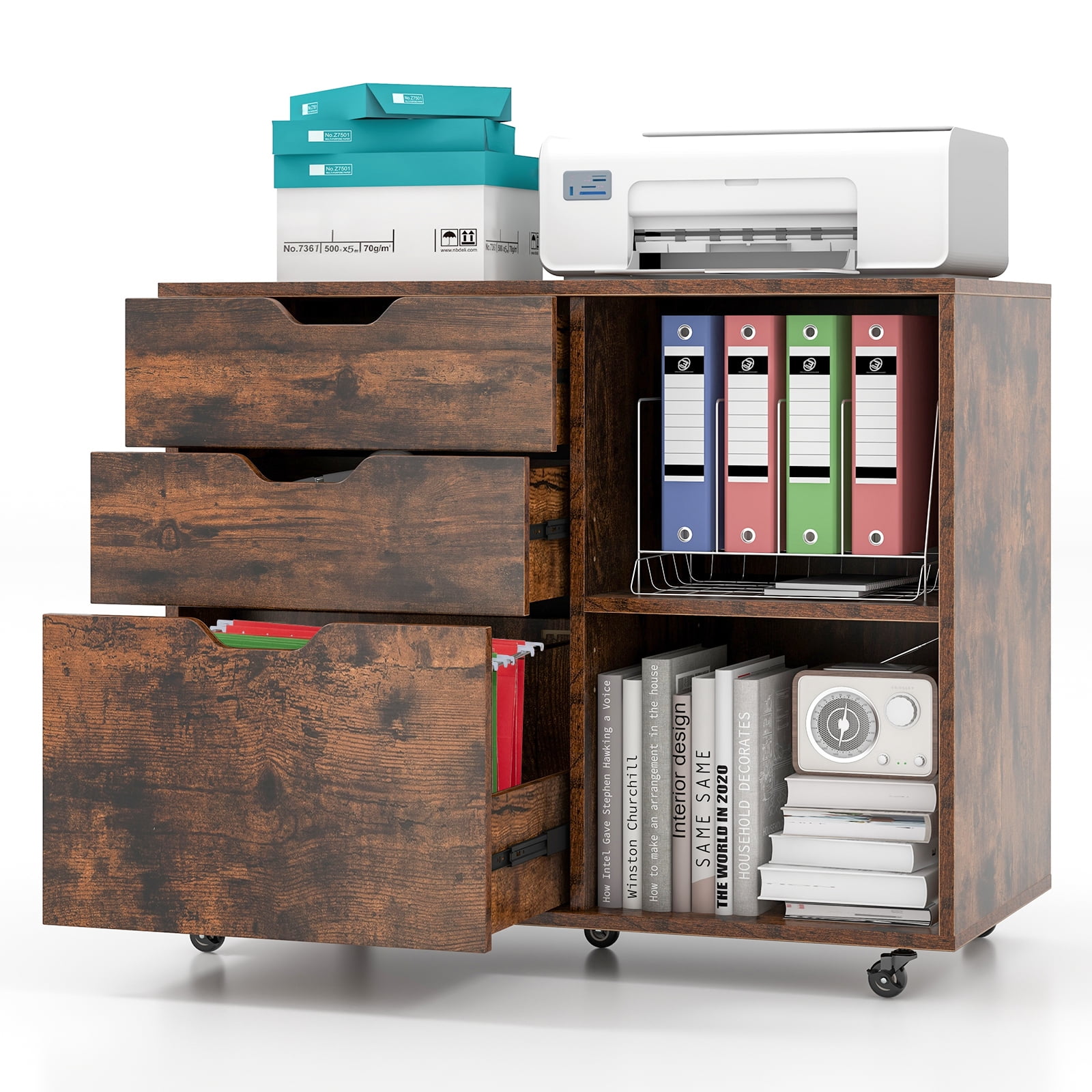 Giantex Rolling File Cabinet, Lateral Filing Cabinet w/Open Storage Shelves, Under Desk Storage Organizer, Mobile Printer Stand, Brown