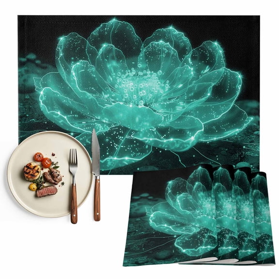 Placemats Set of 4, Teal Floral Place Mats Abstract Luminescent Flowers Tablemats Washable Placemat Table Decoration for Kitchen Table Dinner Party Home Decor Indoor Outdoor 13x19 Inch