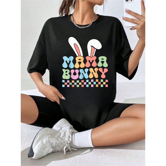 Mama Bunny Shirt Mom Womens Pregnancy Matching Family Easter T-Shirt - 100% Cotton Printed Crew Neck T-Shirt , Casual Short Sleeve Tee, Breathable Soft Top, Womens Relaxed Fit Clothing For All Seasons