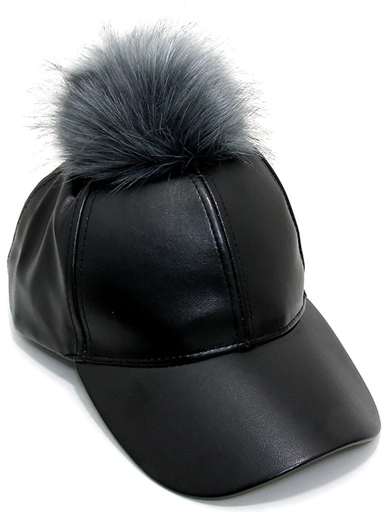 Faux Leather Fur Pom Pom Ball Adjustable Size Baseball Cap Hat