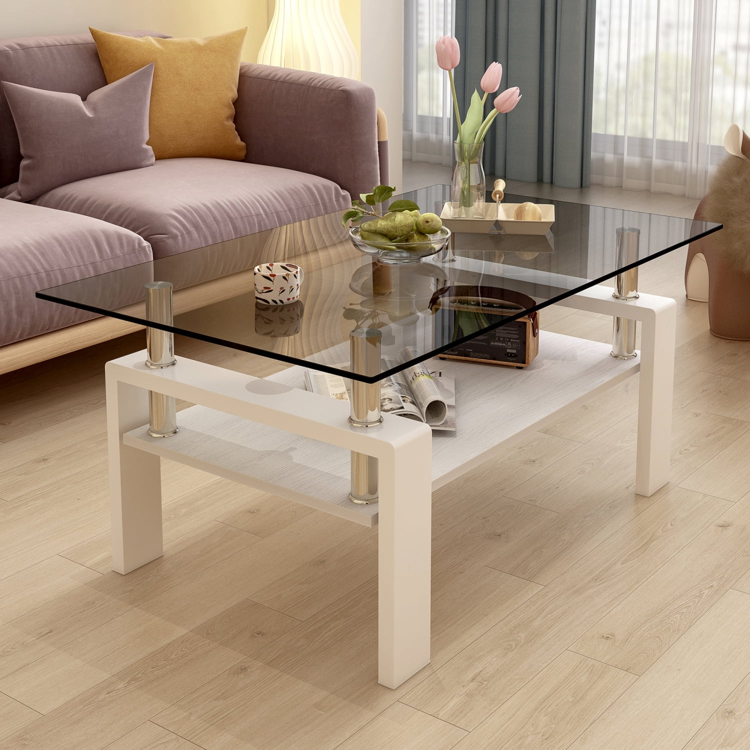 Rectangle Coffee Table, Modern Tempered Glass and MDF Living Room Table