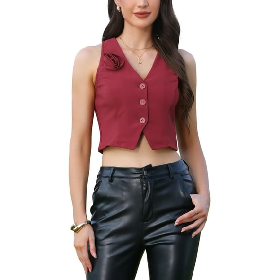 Allegra K Women's Racerback Vest Sleeveless Cropped Button Front Dressy Casual Waistcoat M Burgundy
