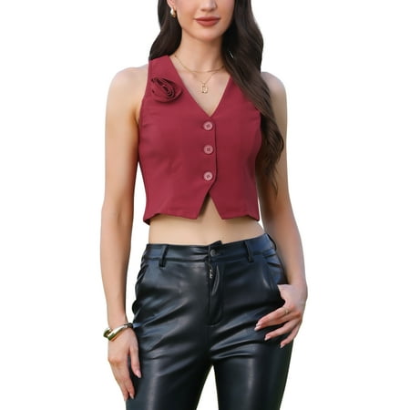 Allegra K Women's Racerback Vest Sleeveless Cropped Button Front Dressy Casual Waistcoat S Burgundy