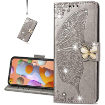 OnePlus Nord N200 5G Flip Case, Mantto Bling Diamond Butterfly Embossed Flowers PU Leather Magnetic Flip Cover Stand Card Holders Hand Strap Wallet Purse Case for OnePlus Nord N200 5G, Gray