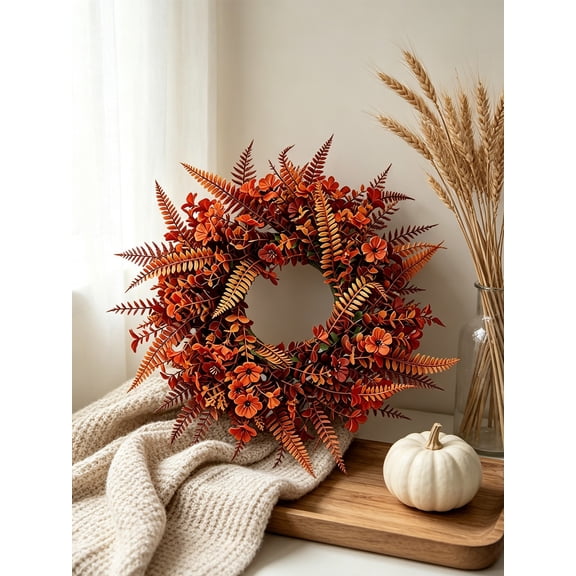 Artificial Fall Wreath for Front Door, 50cm Fall Harvest Rattan Wreath – Persian Leaf Violet Autumn Door Wreath, Thanksgiving Front Door Decorative Wreath, Farmhouse Indoor Outdoor