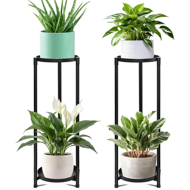 Soporte para plantas de 2 niveles Negro Hierro Estante de plantas 28.5 x 9.8 pulgadas 2 unidades