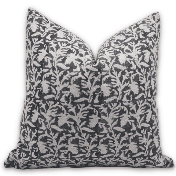 Fabdivine Block Print Throw Pillow Cover, 14x14 Inch Thick Linen Handmade Cushion Cover, Floral Print Boho Design Black Pillow Cover for Sofa and Couch