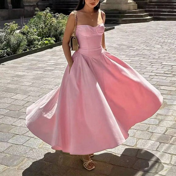 Pink Sweetheart Neckline Spaghetti Strap Cinched Waist A-Line Maxi Dress