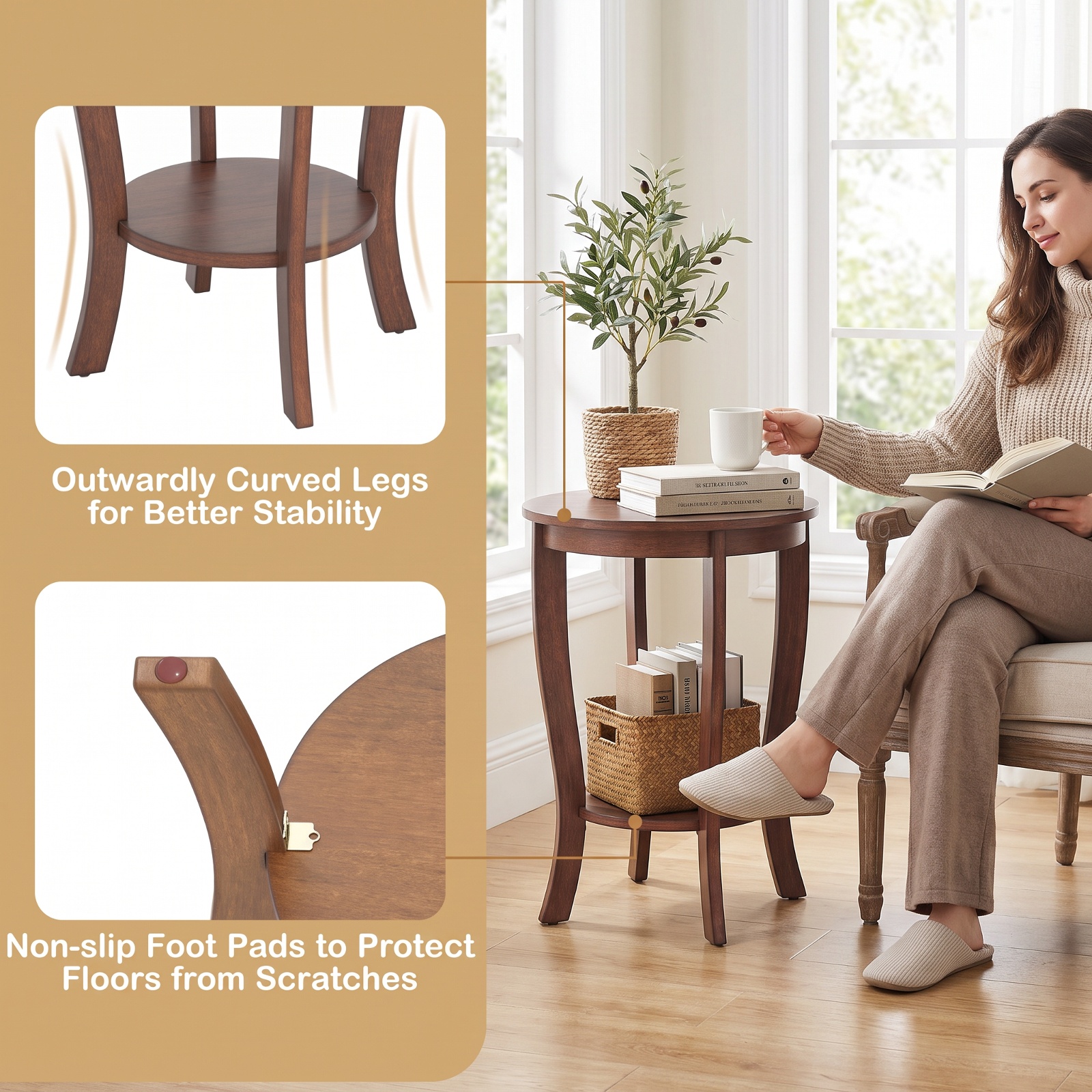 Furnibear 2 Tier Round End Table with Solid Rubber Wood Legs and Lower Storage Shelf for Living Room Bedroom and Small Spaces, Brown
