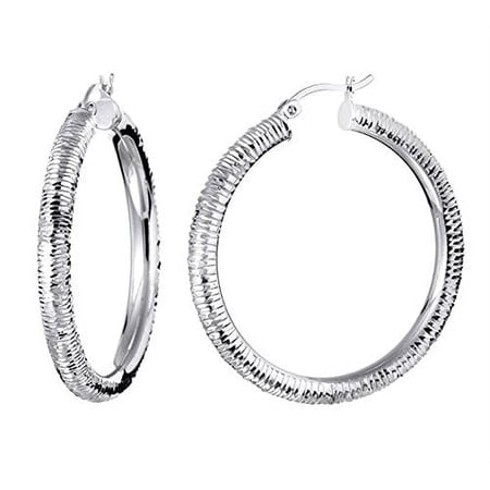 Tilo Jewelry .925 Sterling Silver Hand Engraved Round Ridged Hoop Earrings | 1.5 Inch | Women & Unisex