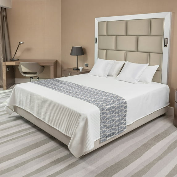 Abstract Bed Runner, Eastern Pattern of Shapes and Dots, Decorative Accent Bedding Scarf for Hotels Homes and Guestrooms, King, Champagne Pale Eggplant, by Ambesonne