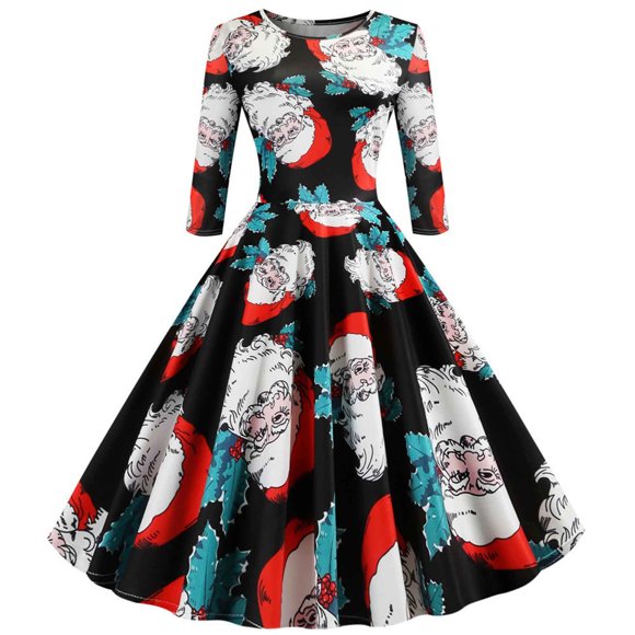 Pisexur Christmas Dress Woman Fashion Temperament Crew Neck Sleeves Christmas Print A-line Dress Wedding Guest Dress for Women, Xmas Party Swing Dress