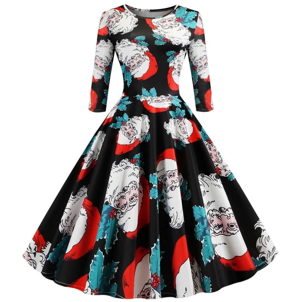 Mujer Moda Temperamento Cuello redondo Manga larga Estampado navideño Vestido de columpio acampanado Fridja yut1808