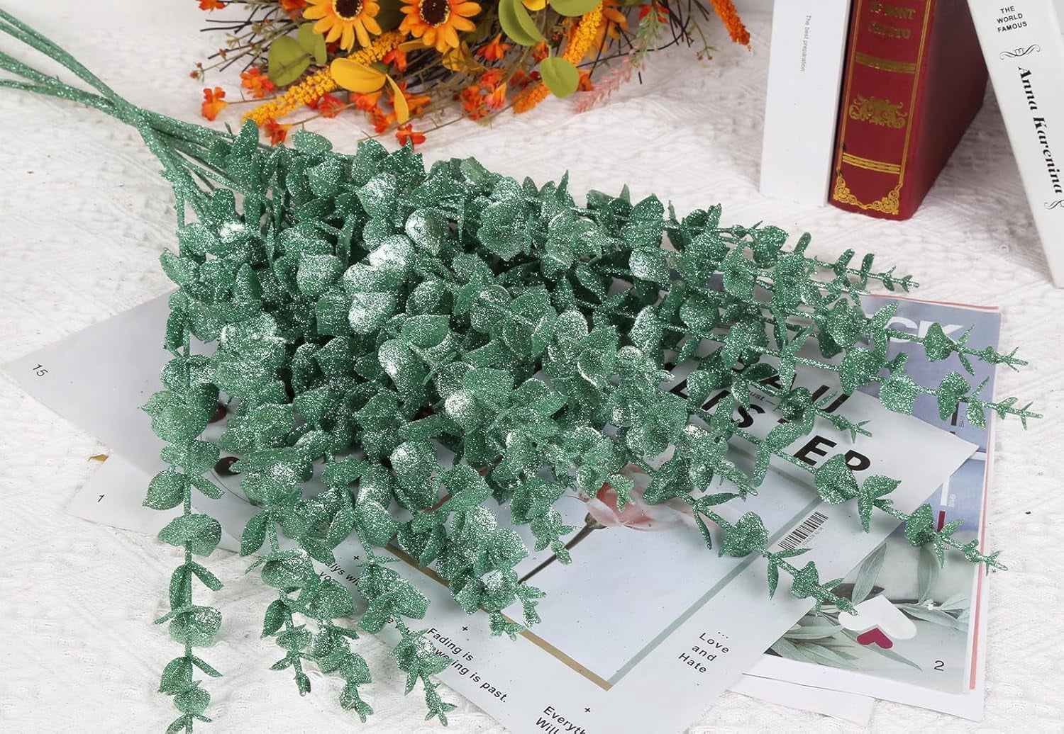 Black Glitter Artificial Eucalyptus Greenery Plants 5PCS 33'' Fake Eucalyptus Stems Faux Eucalyptus Leaves for Halloween Decorations Flower Arrangements Tall Vases Winter Festivals (Black)