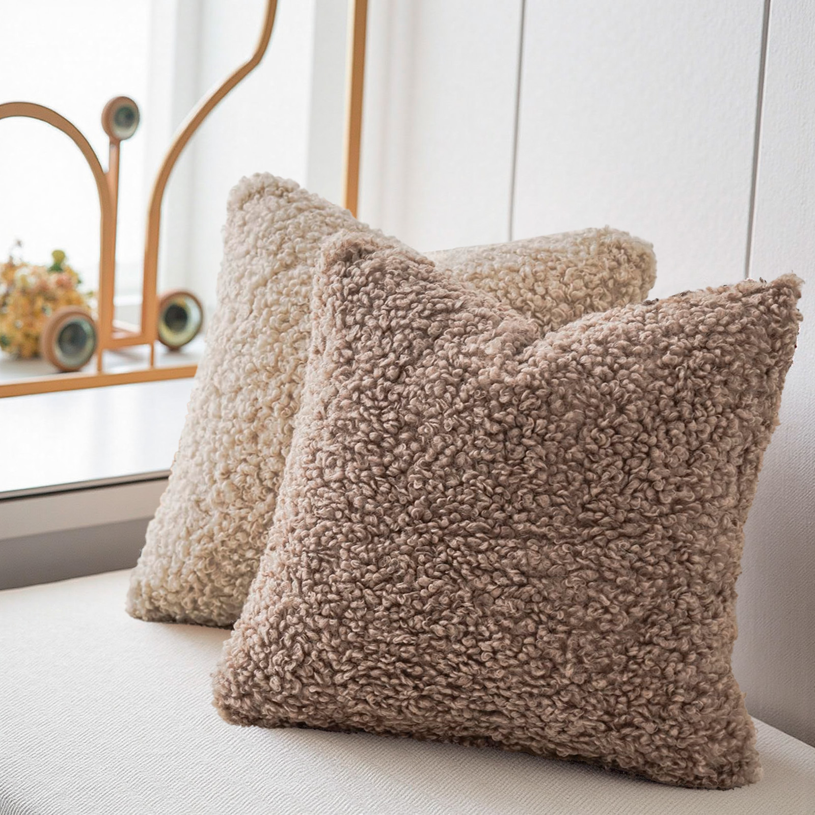 Sanmadrola Decorative Throw Pillow Covers 18" x 18" Set of 2, Teddy Fur Couch Plliowcase Cushion Cover Modern Farmhouse Home Decor, Khaki