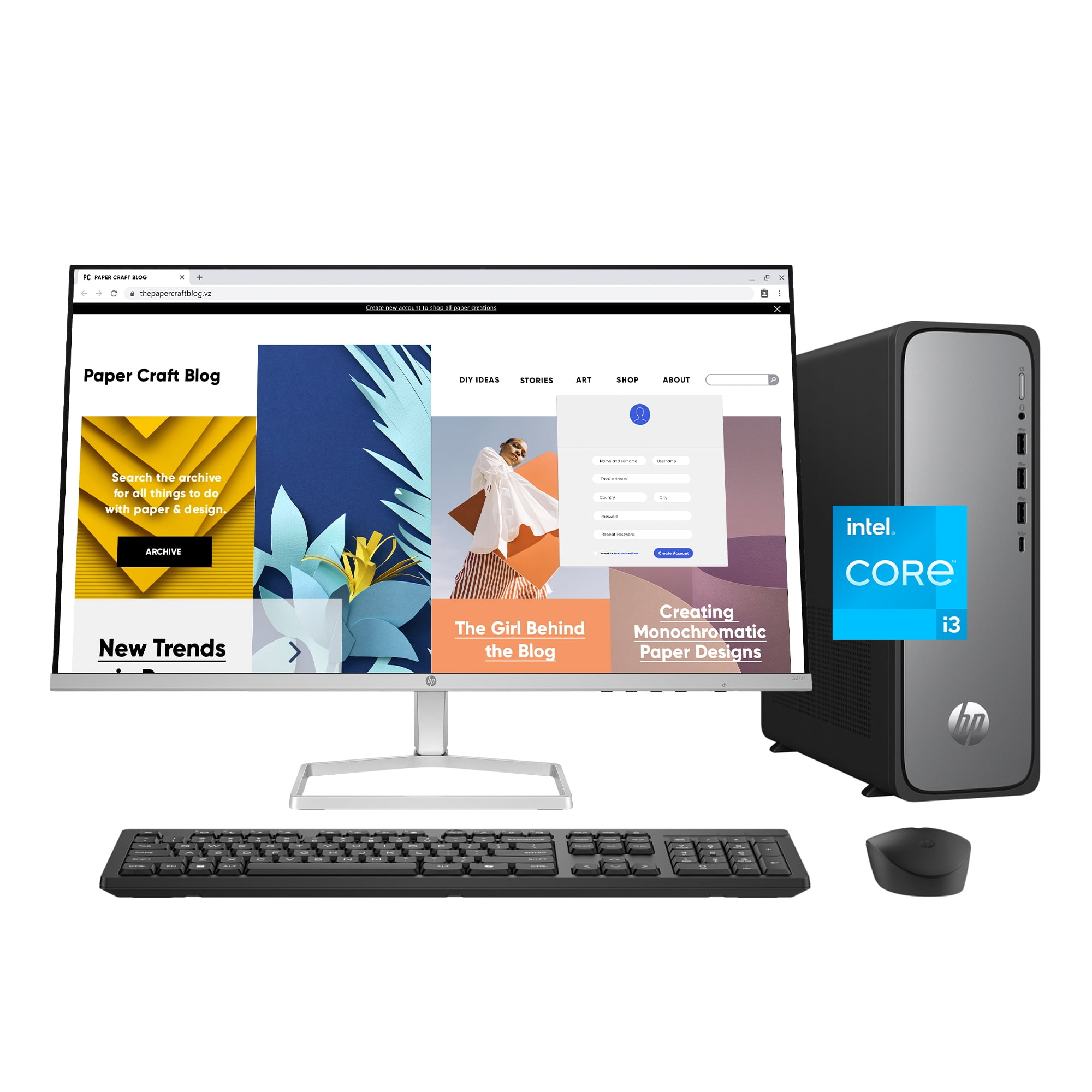 HP OmniDesk Slim Desktop PC Bundle Intel Core i3 w/27" FHD Display Windows 11 Home Meteor Silver