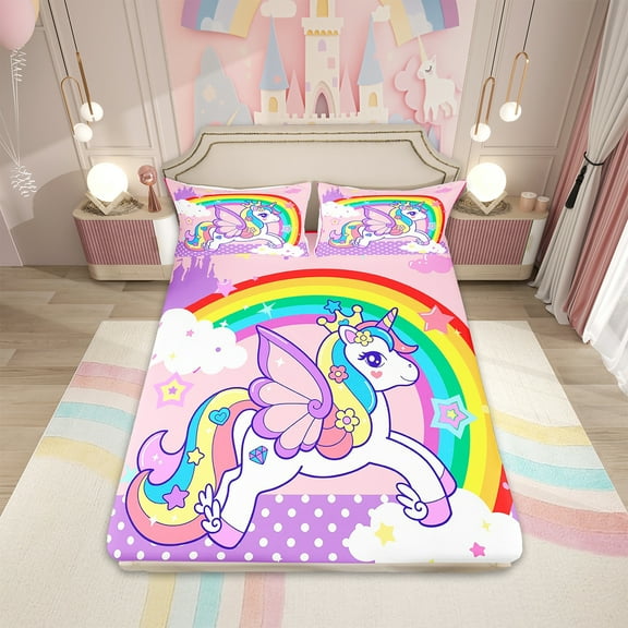 Erosebridal Unicorn Sheets Twin Size Cute Unicorn Butterfly Wings Sheet Set Teens Kawaii Star Rainbow Unicorn Bed Sheets Set Cartoon Dreamy Horse Bed Set 3Pcs