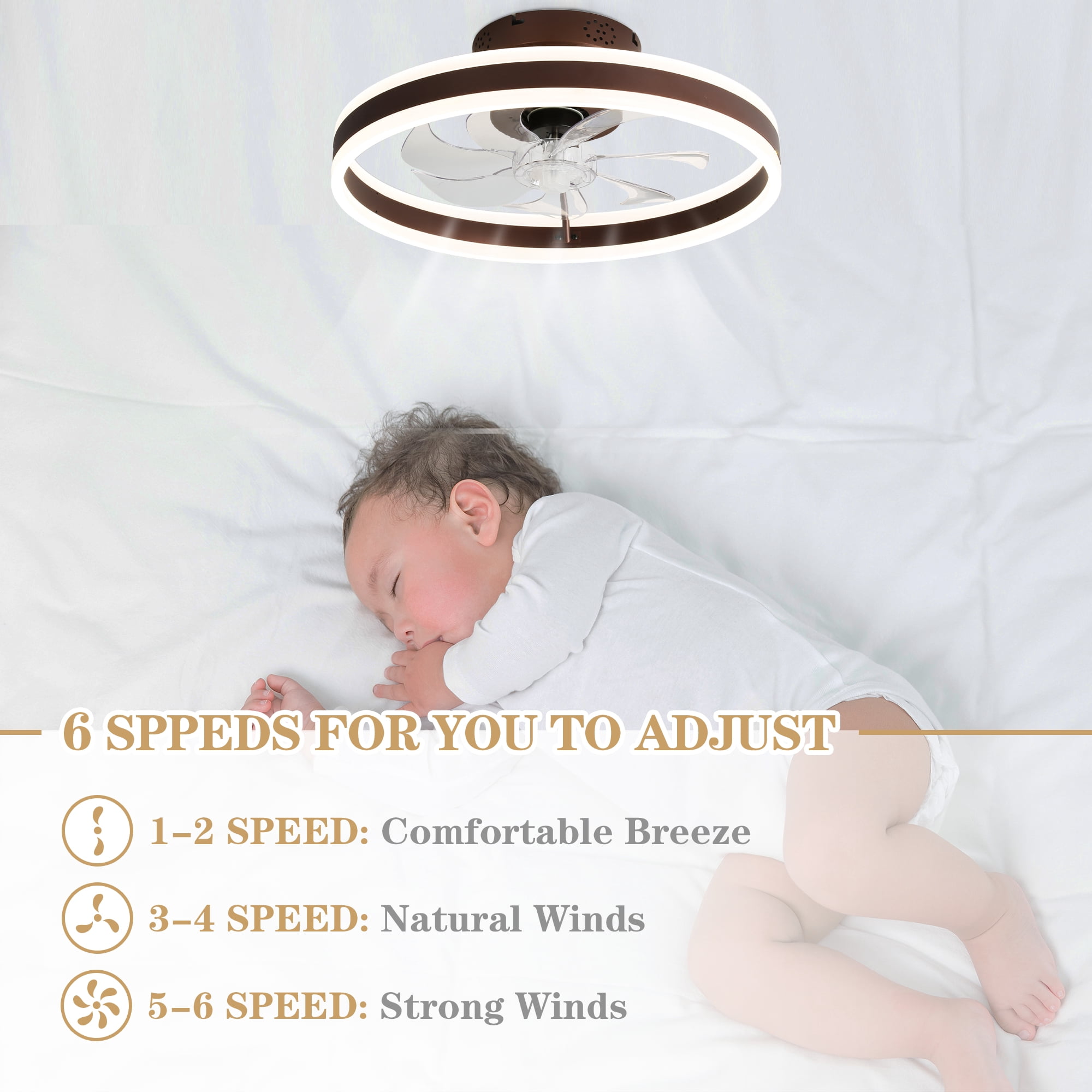 20" Coffee Brown Reversible Flush Mount Ceiling Fan with Remote Control, APP Control 6-Speed Low Profile Ceiling Fan with Dimmable Light
