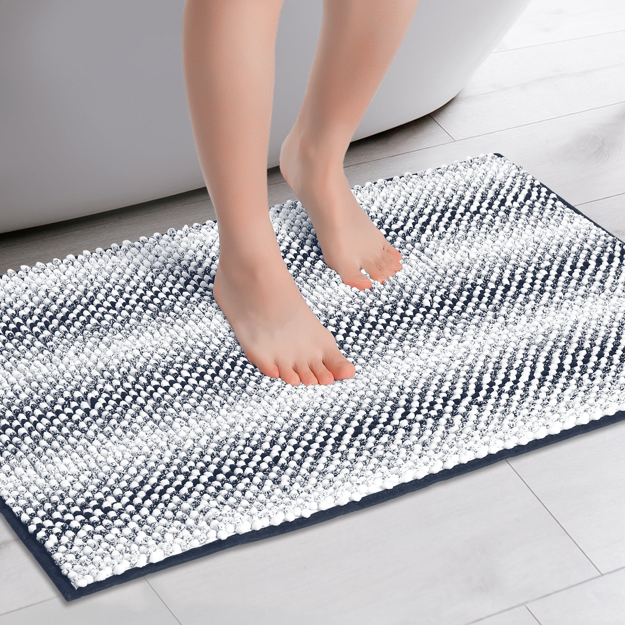 Unique Bargains Chenille Bathroom Rug Absorbent Non-Slip Striped Plush Shaggy Bath Rugs Dark Blue 20" x 32"