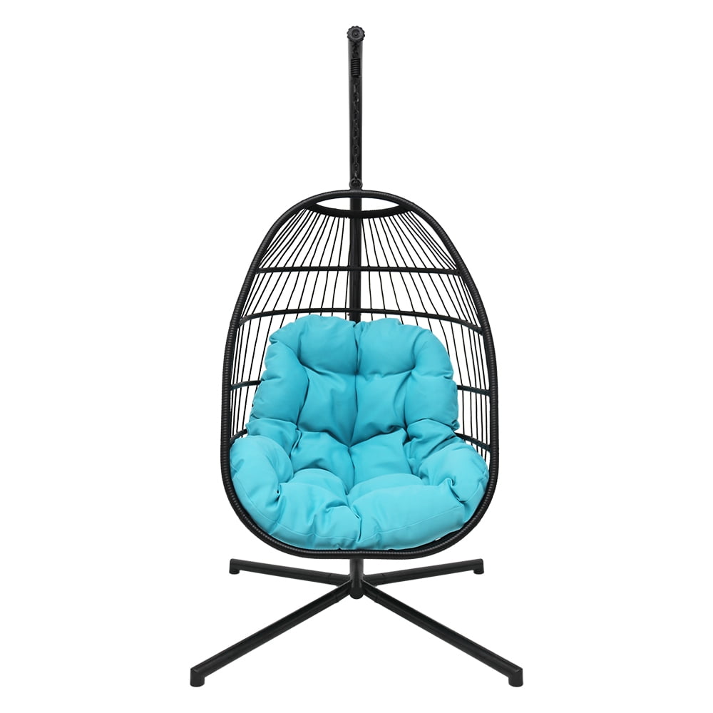 Abble Outdoor Wicker Hanging Basket Swing Chair with Cushion and Stand - Black & Aqua