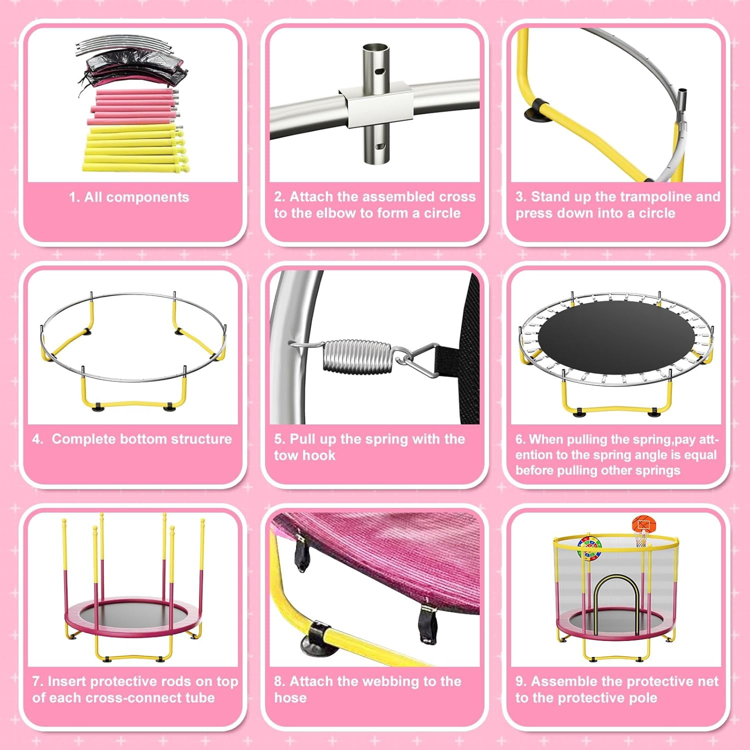 72-Inch Mini Indoor/Outdoor Trampoline For Toddlers, equipped with safety net, basketball hoop, and dartboard. Ideal as a gift for boys, girls, and infants.Pink