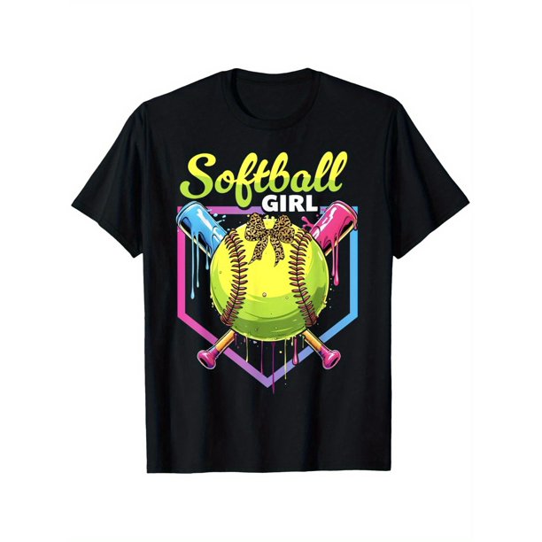 Softball Drip Girls Ice Cream Drip Youth Softball Girl Bow T-Shirt, for Boys Fashion Trend Bottoming Shirt Breathable, Moisture Wicking, Casual Comfortable Top Streetwear Fashion Casual Summer Tee Cr