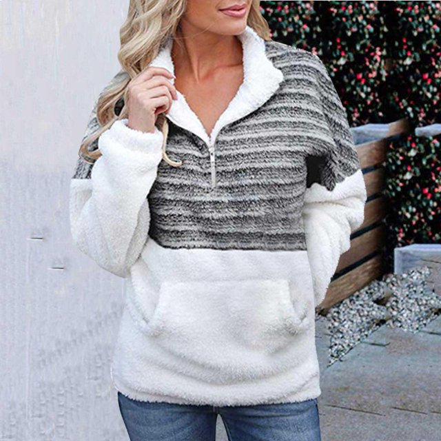 Pntutb señoras moda felpa cuello en V cremallera manga larga colorblock suéter térmico chaqueta liquidación Pntutb Pntutb-4884