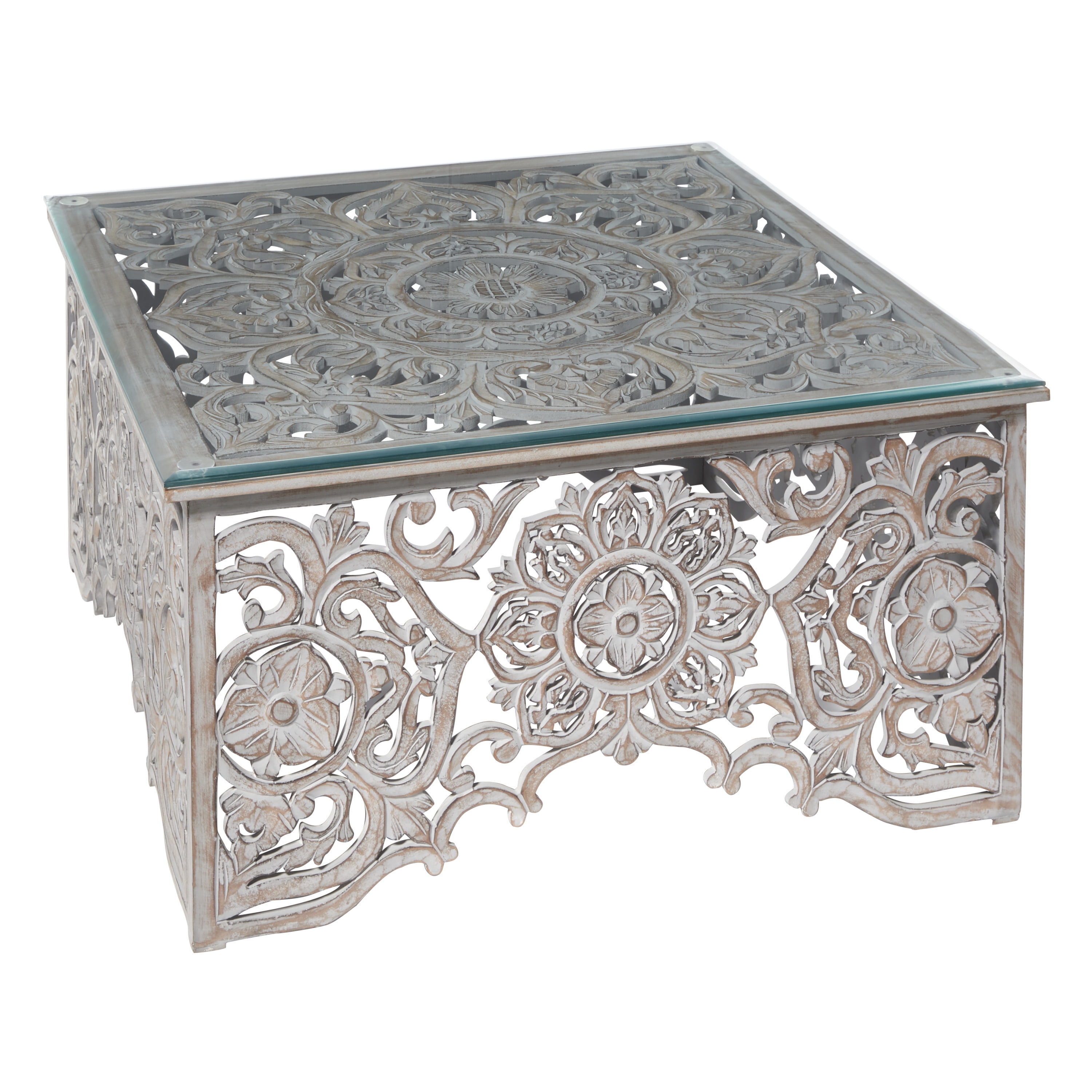 DecMode 36" x 19" White Wood Handmade Intricately Carved Floral Coffee Table with Clear Glass Top, 1-Piece