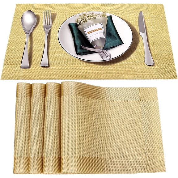Placemats Set of 4,Washable,Heat and Stain Resistant Indoor/Outdoor Place mats,Vinyl Woven Non Slip Table Mats for Restaurant Table Protection,PVC Placemats(Gold 4PCS)