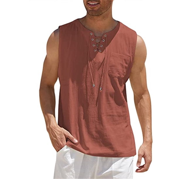 Nueva camiseta sin mangas para hombre, camiseta de manga corta de lino y algodón de Color sólido Eccomum Brickred XXXL