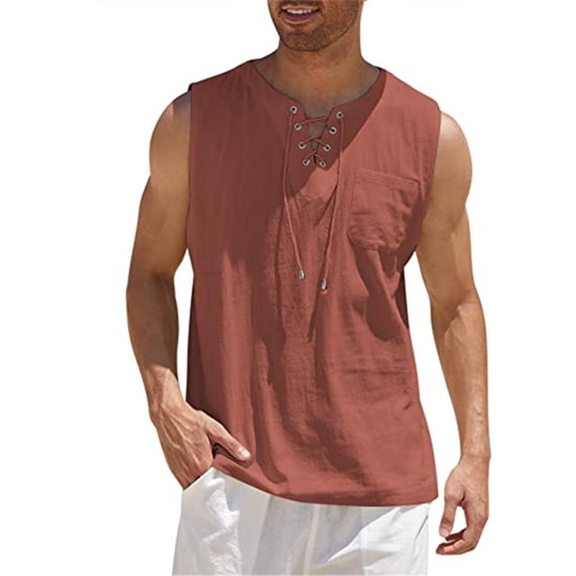 Nueva camiseta sin mangas para hombre, camiseta de manga corta de lino y algodón de Color sólido Eccomum Brickred XXXXL