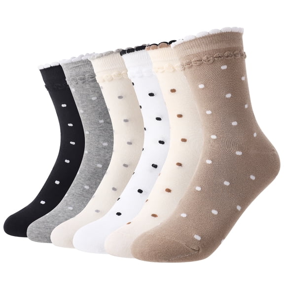 Bocaoying 6 Pairs Women's Crew Socks, Polka Dot Socks for Women, Cotton Retro Cute Casual Socks, Mid Calf Novelty Socks, Breathable Office & Daily Wear, Size 6-12, White/Black/Gray/Beige/Brown