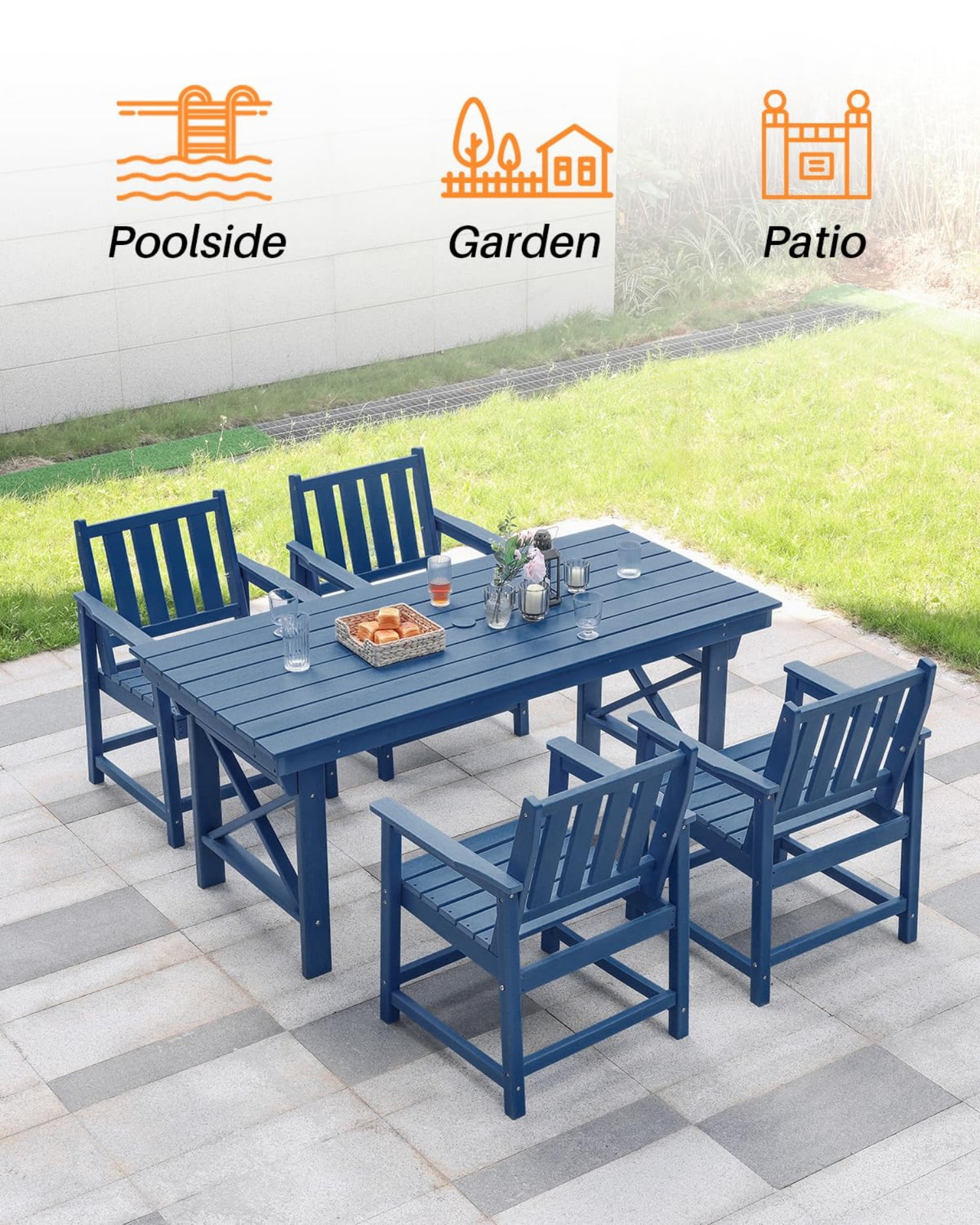 HDPE Outdoor Dining Chair with Armrests, All-Weather Patio Dining Chair, Heavy Duty HDPE Outdoor Armchair for Deck, Porch, Garden, Poolside, Backyard, Navy