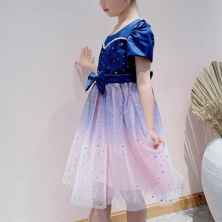 Lovskoo Girls Layered Tulle Twirl Dress Puff Sleeve Net Yarn Star Mesh  Print Bow Pearl Birthday Party Gown Long Dresses for 2-10 Years Dark Blue 