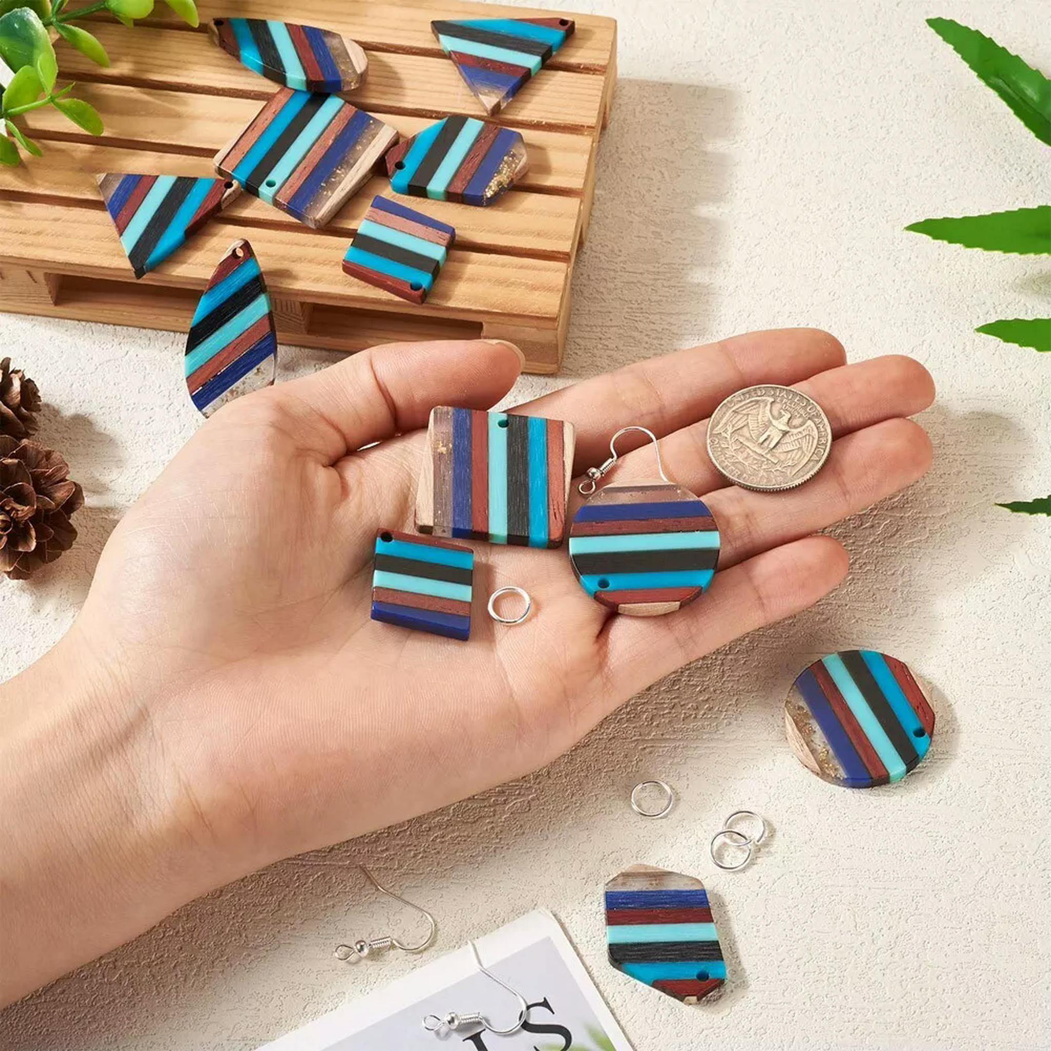 U8MO 1 Box Resin Walnut Wood Pendants Cyan Triangle DIY Geometry Earring Making Kit