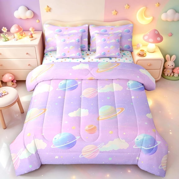 Manfei Kawaii Ringed Planets 7-Piece Twin Bedding,Cute Clouds Bedding Comforter Set,Pink Purple,Colorful Stars Reversible