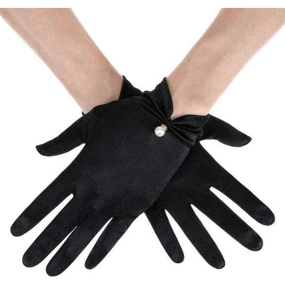 Black Satin Gloves, Glossy Tea Party Gloves, Black Glove Women Formal Decorated with Wrist Pearl for Wedding, Women's Gown, Opera, Banquet Dress