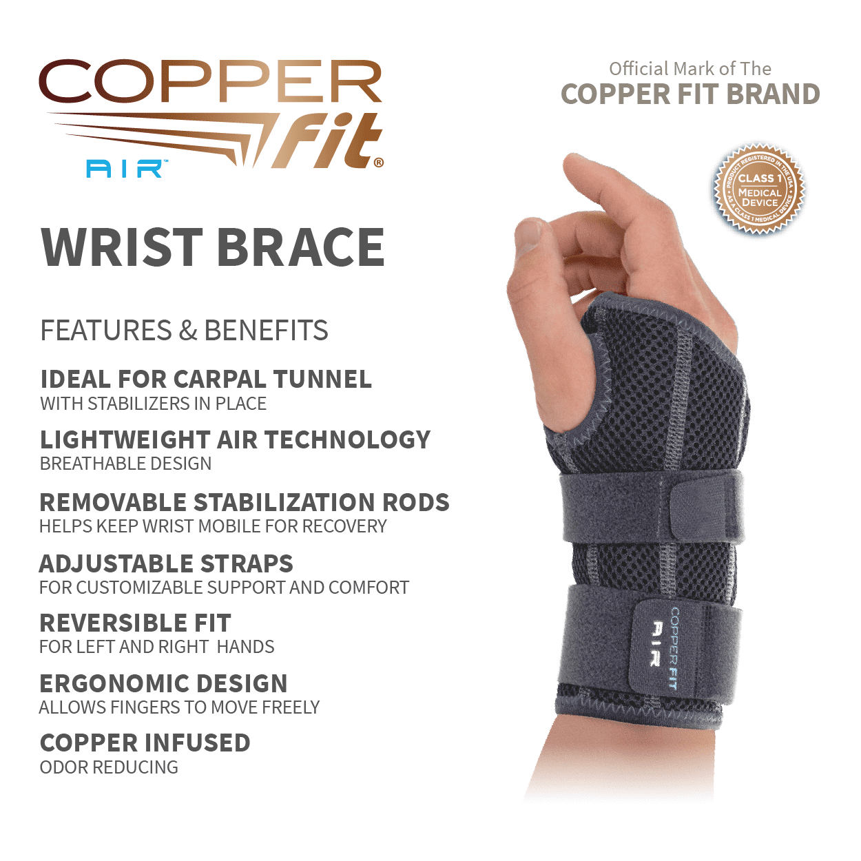Copper Fit Wrist Brace Lightweight Air Technology Adjustable Black
