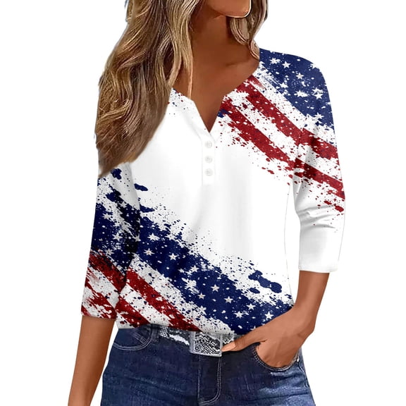 CONZONE 4Th Of July Womens T-Shirts 3/4 Sleeve Independence Day T Shirts for Women Casual V Neck Patriotic Usa Star Striped Graphic Lightweight Tees Soft Cozy Tops