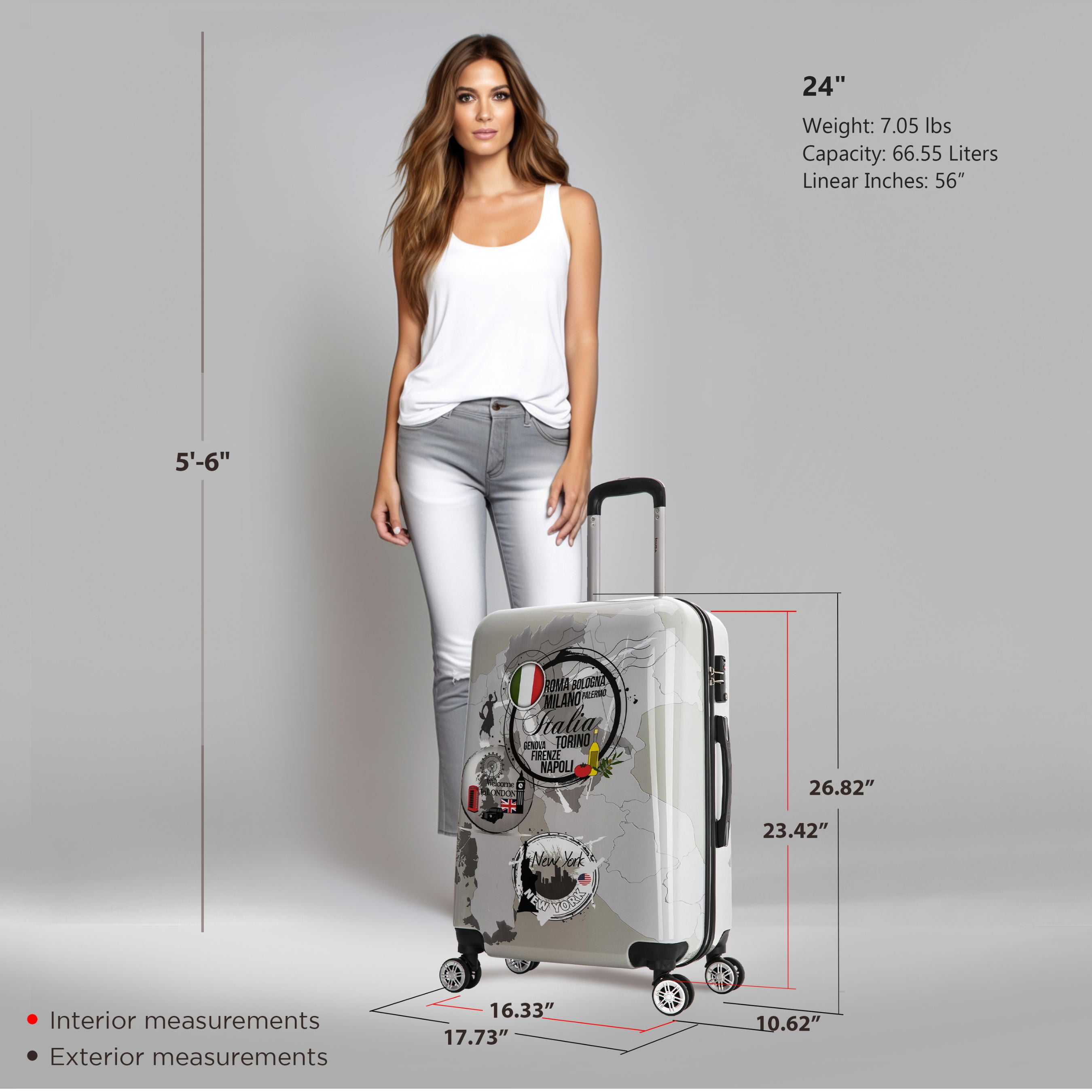 InUSA Print 24" Hardside Checked Luggage with Spinner Wheels, Handle and Trolley, World