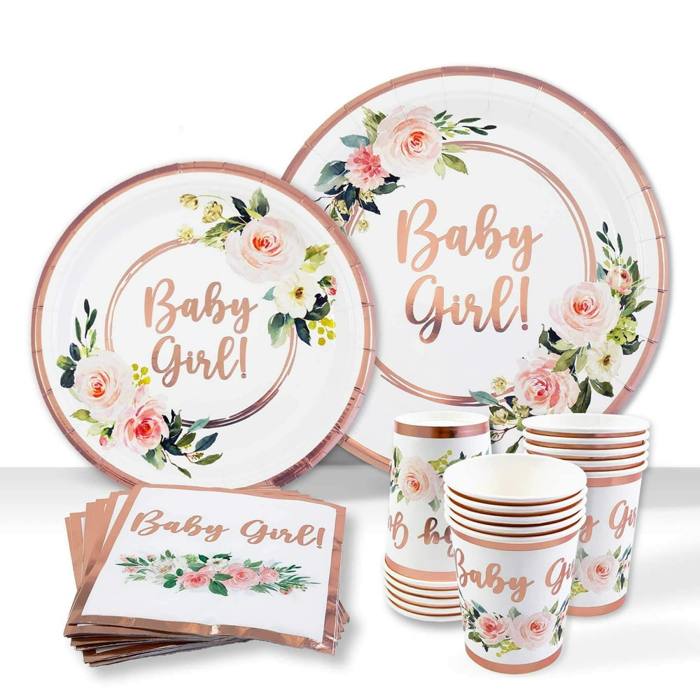 Baby Shower Tableware Plates and Napkins, Baby Girl Decorations | 25 Servings With Rose Gold ...