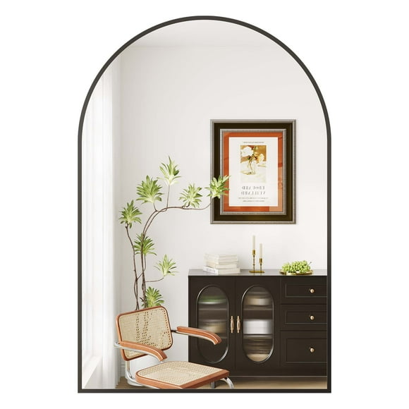 Modern Arched Bathroom Mirror – Black Metal Frame, Tempered Glass, Rust Resistant, Wall Mounted Vanity Mirror for Bathroom, Bedroom, Living Room, Entryway, Hanging or Leaning – 24x36 Inch