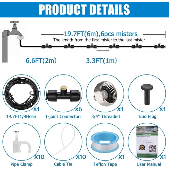 PYYAN-Chicken Coop Cooling System, 19.6FT Misting Line with 6 Brass Mist Nozzles, Brass Adapter(3/4") Outdoor Misting Water System, Easy DIY Installed Mister for Chicken Coop Backyard Garden Patios