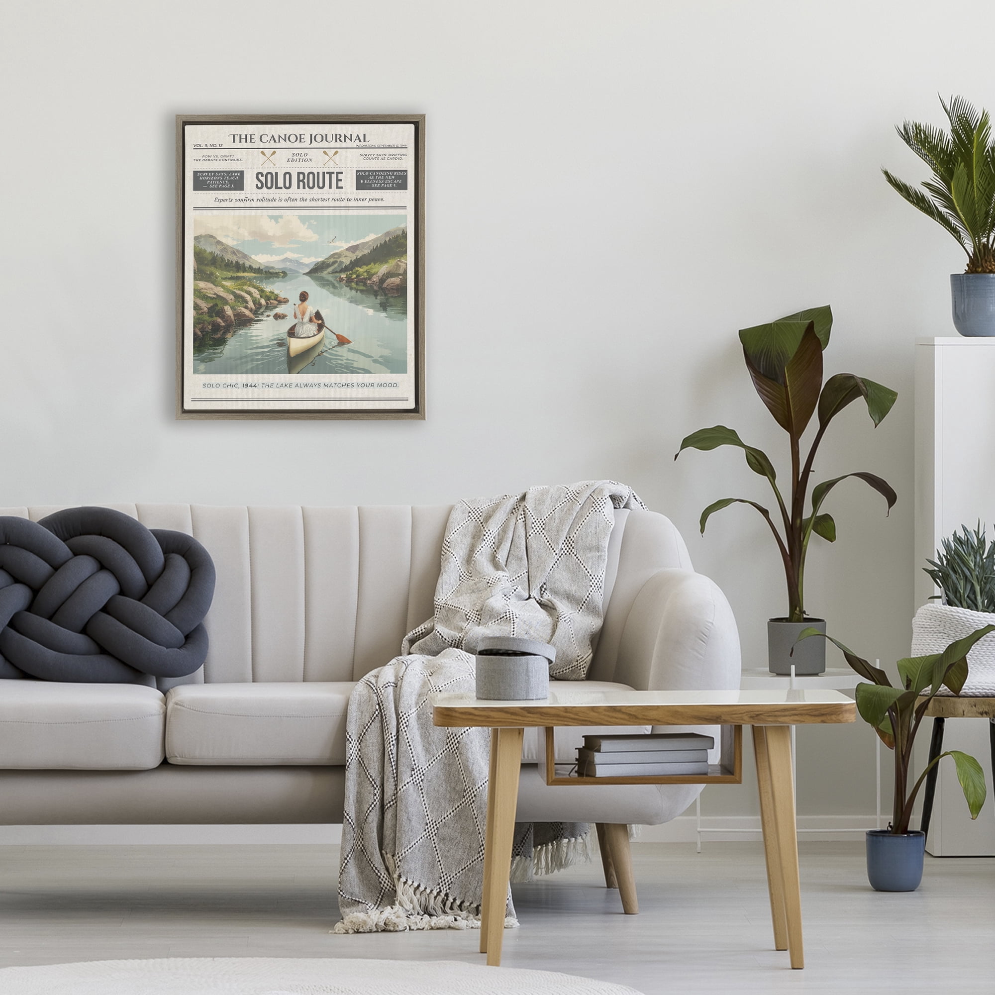 Stupell Industries Canoe Journal Newspaper Brown Framed Floater Canvas Wall Art, design by A Barefoot Stylist
