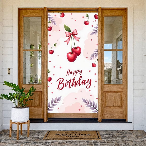 Cherry Theme Banner Pink Style Birthday Backdrop Red Color Bowknot Design Party Display for Birthday Party Girls Celebration Photo Shoot