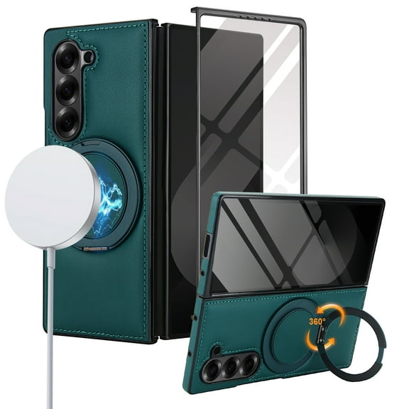 for Samsung Galaxy Z Fold 7 Magnetic Case with Ring Stand, Rugged Case Support Wireless Charging, Built-in Screen Protector, PU Leather Shockproof Full Body Protective Cover, Green