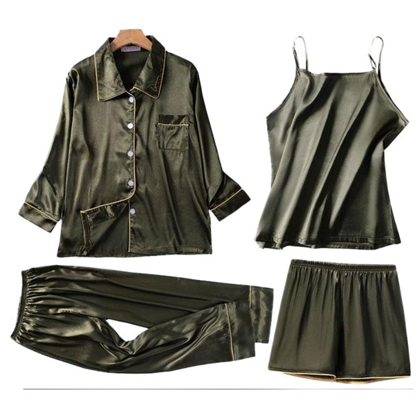 Ropa de casa Gibobby Traje Pijamas de moda Conjunto de cuatro piezas delgadas Verdinegro XL