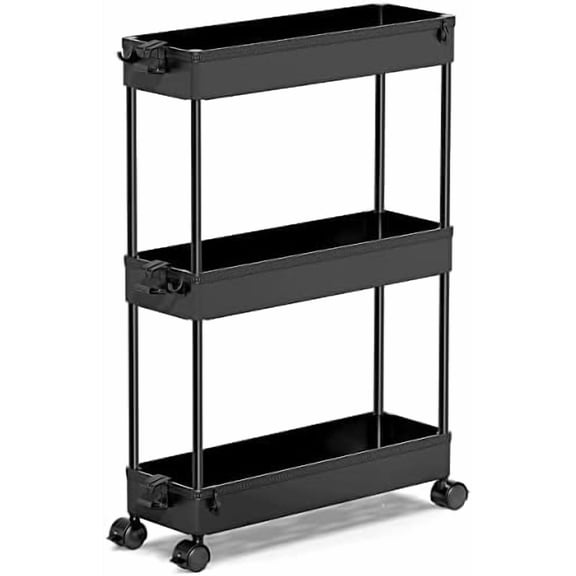 Slim Rolling Storage Cart, 3 Tier Bathroom Storage Organizer Laundry Room Utility Cart Mobile Shelving Unit, Multi-Purpose for Kitchen Office Bathroom Laundry Narrow Places, Black