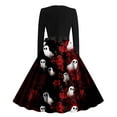 thumbnail image 3 of Vintage Dress for women Halloween Skull Print Long Sleeve Flare Midi Dresses Retro 50s A-line Party Dress with Belt, 3 of 3